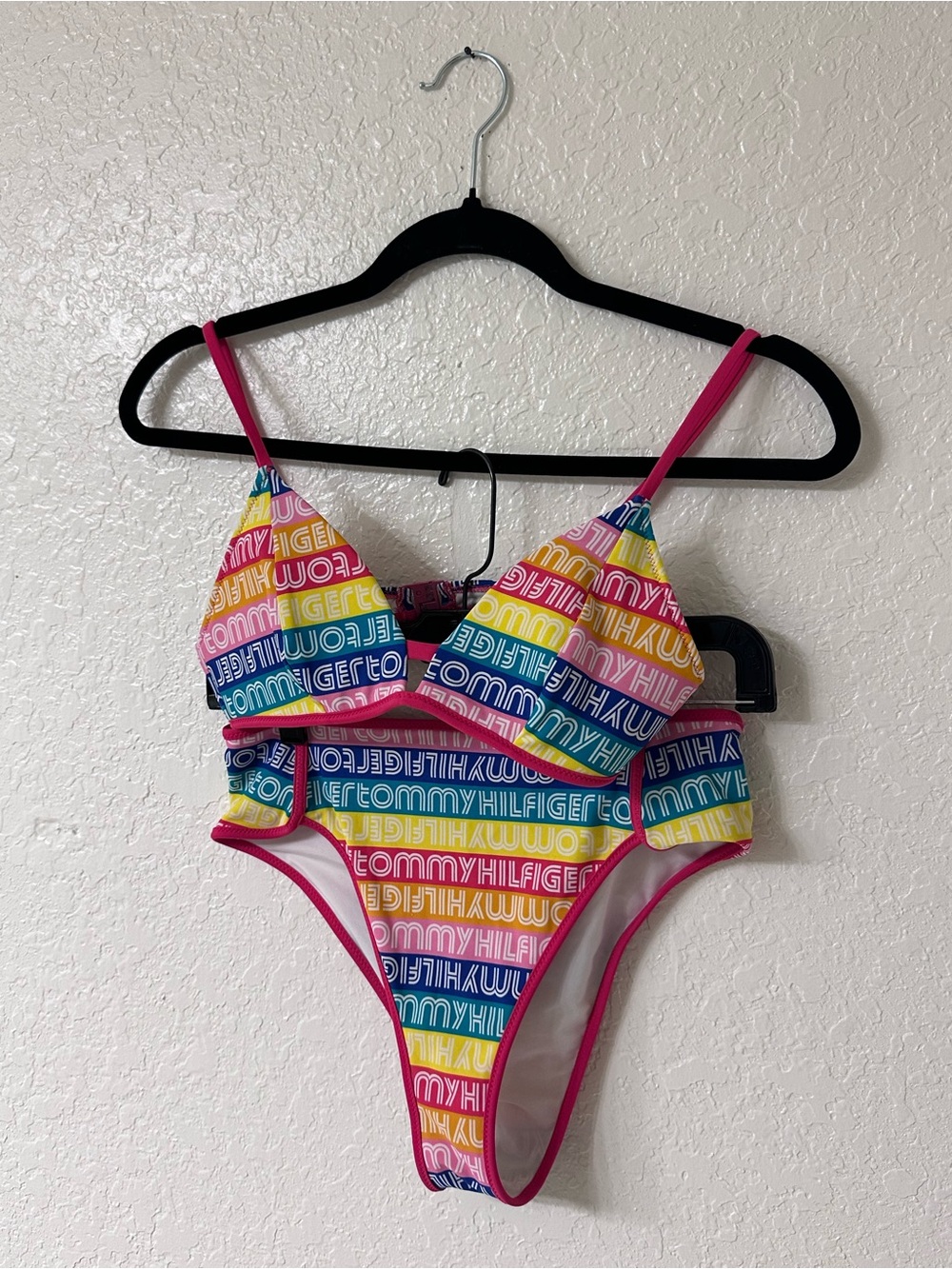 Tommy Hilfiger Multicolor Logo Print Bikini Set Pink Trim Size Small
